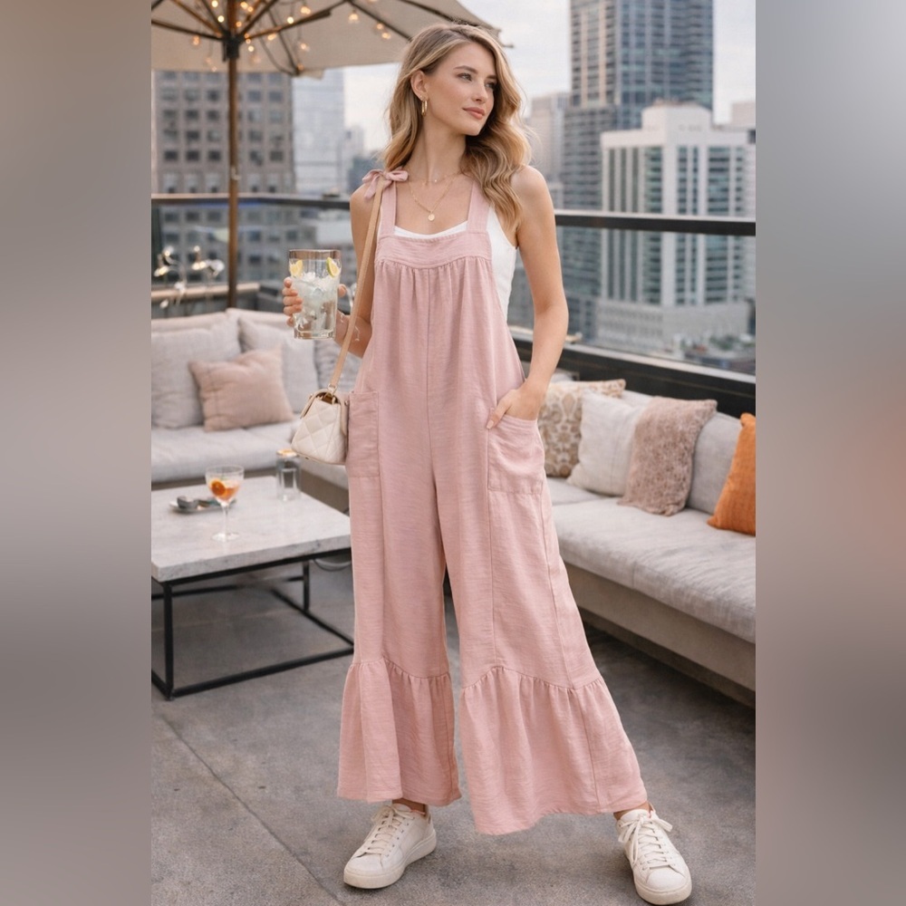 Pink Wide Leg Ruffle Hem Overalls Jumpsuit Boho Cottagecore Size M